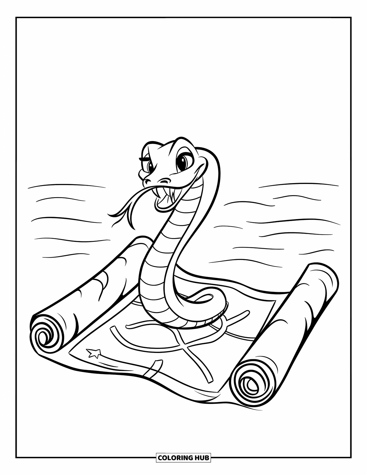 Dibujo de serpiente para colorear para niños: Una serpiente se desliza desde un rollo de mapa del tesoro con una ìXî marcando el lugar