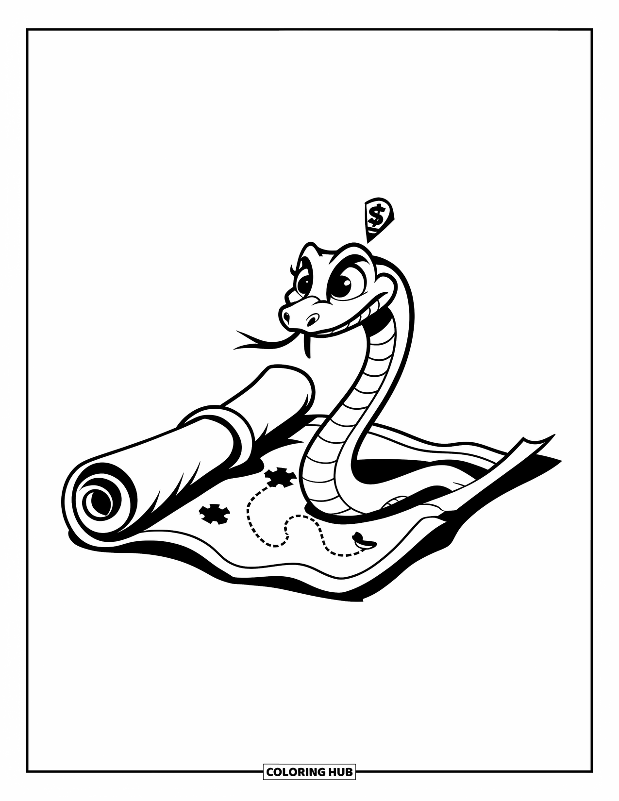 Dibujo de serpiente para colorear para niños: Una serpiente con un símbolo de tesoro emerge de un pergamino con forma de mapa del tesoro