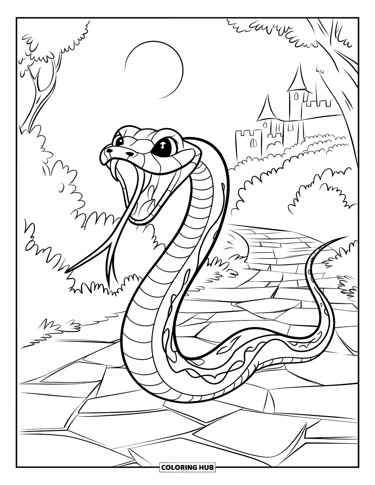 Dibujo de serpiente para colorear para niños: Una serpiente con la boca abierta se desliza por un camino de piedra cerca de un castillo