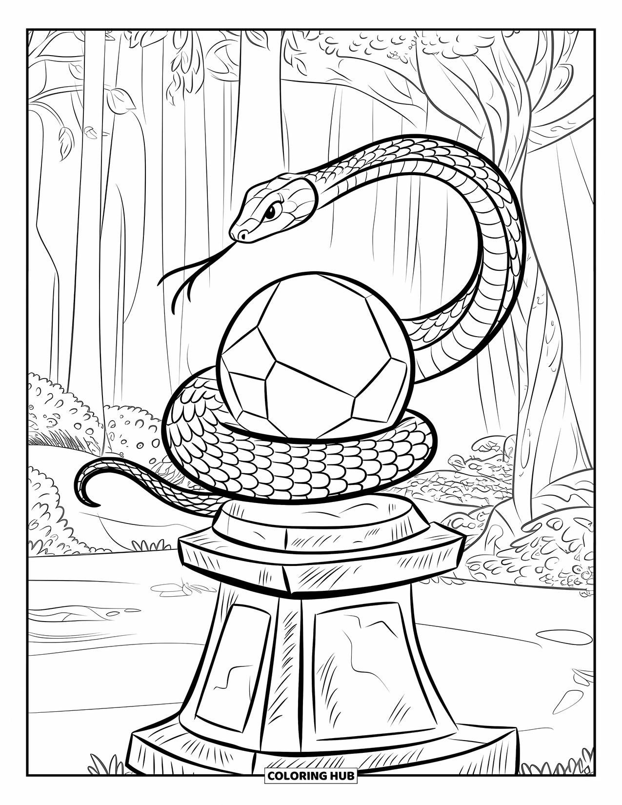 Dibujo de serpiente para colorear para niños: Una serpiente con escamas llamativas se enrosca alrededor de un orbe brillante en un bosque místico