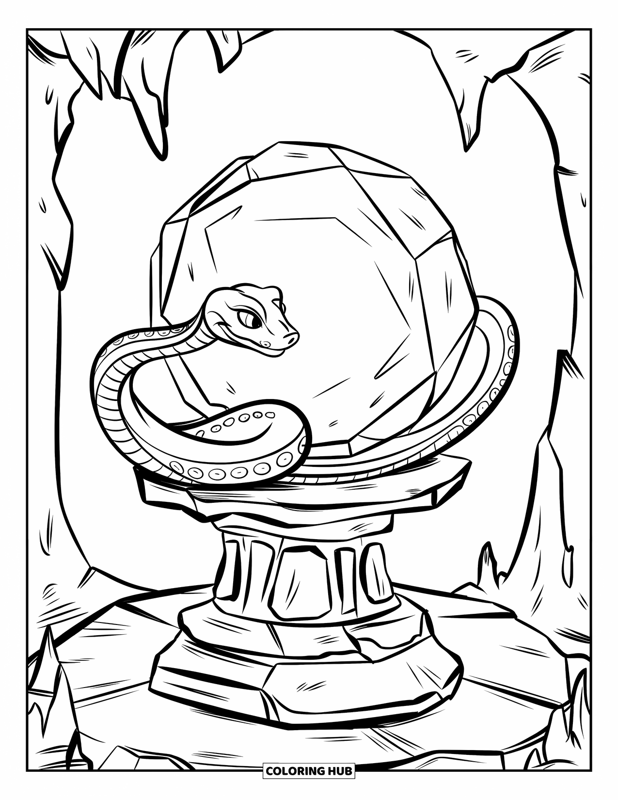 Dibujo de serpiente para colorear para niños: Una serpiente se envuelve alrededor de un orbe brillante sobre un pedestal de piedra en una cueva sombría