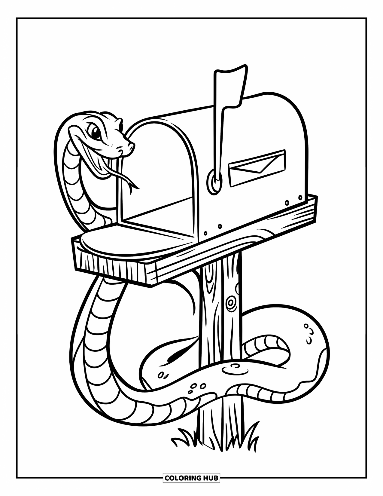 Dibujo de serpiente para colorear para niños: Una serpiente se envuelve alrededor de un buzón rústico en un poste de madera con bobinas visibles