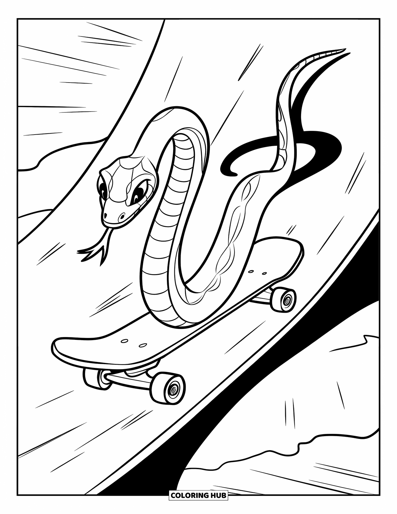 Dibujo de serpiente para colorear para niños: Una serpiente se envuelve alrededor de una patineta en una rampa curva con sombras debajo