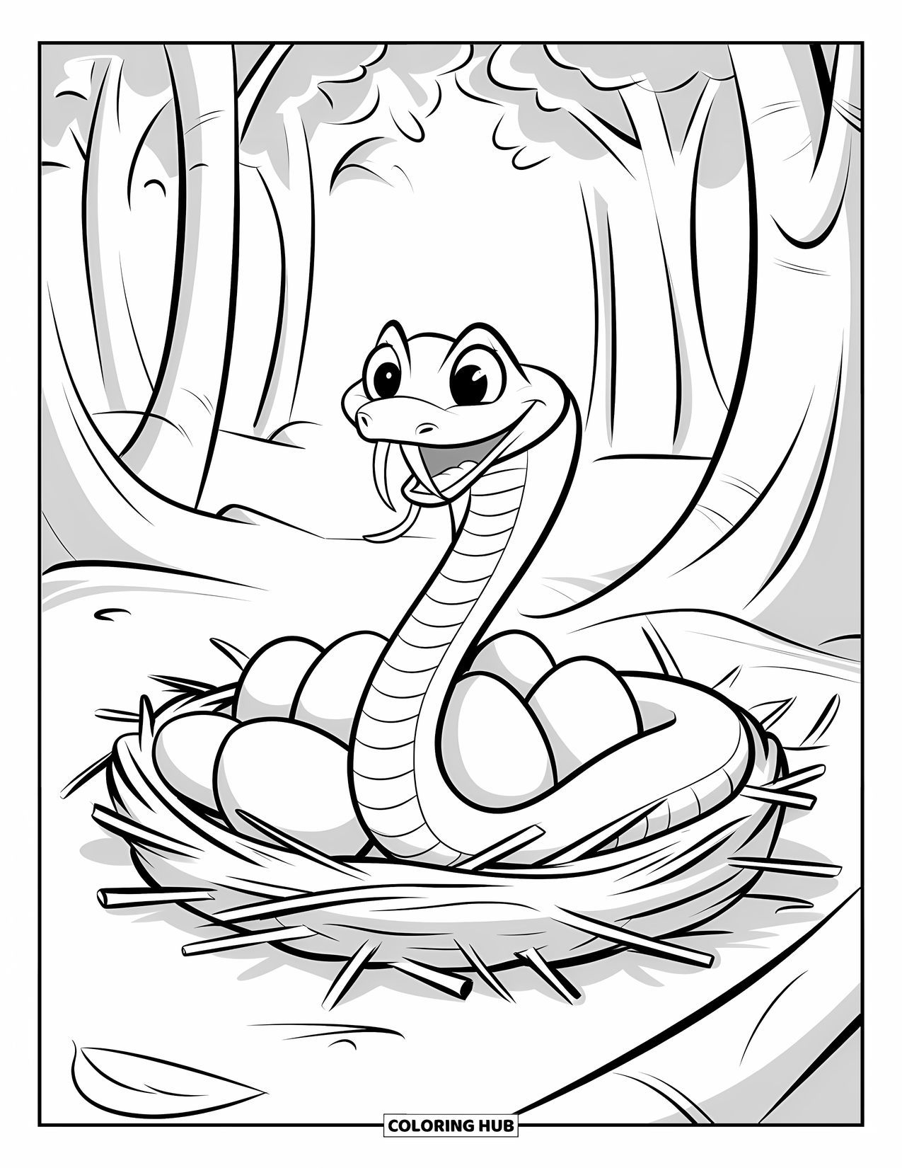 Dibujo de serpiente para colorear para niños: Una serpiente dentuda se enrosca cerca de huevos en un nido de palitos rodeado de troncos de árboles lisos