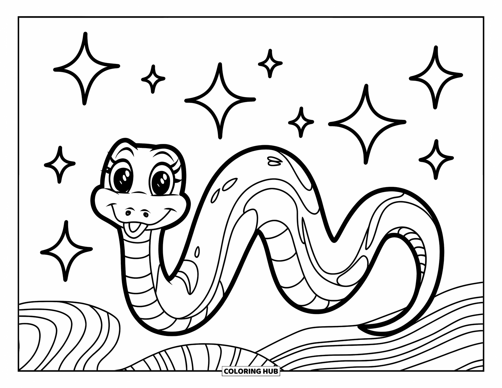 Dibujo de serpiente para colorear para niños: Una serpiente ondulada se extiende por la página con estrellas flotando sobre ella