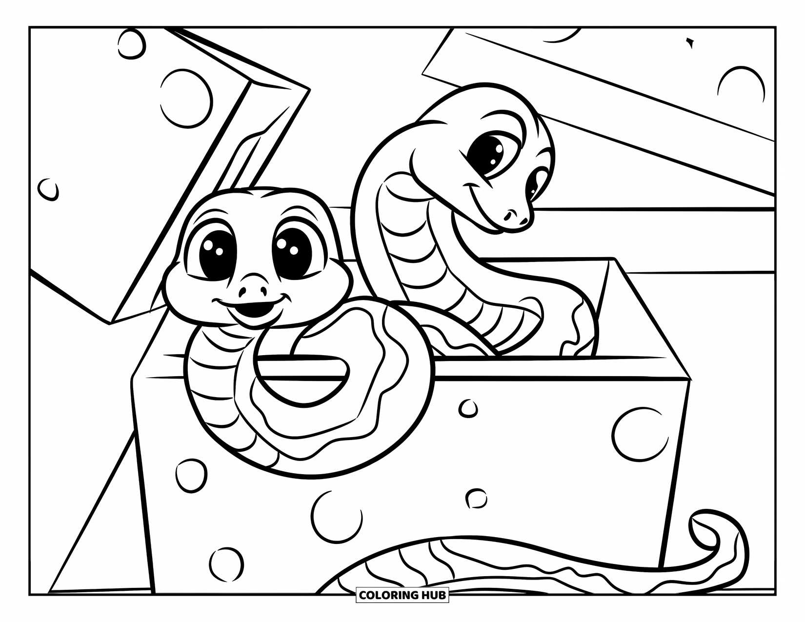 Dibujo de serpiente para colorear para niños: Una serpiente sale mientras la otra se enrosca dentro de una caja de juguetes