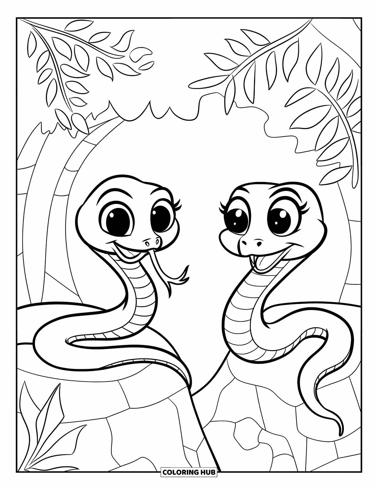 Dibujo de serpiente para colorear para niños: Dos alegres serpientes con ojos grandes se miran entre hojas en un bosque