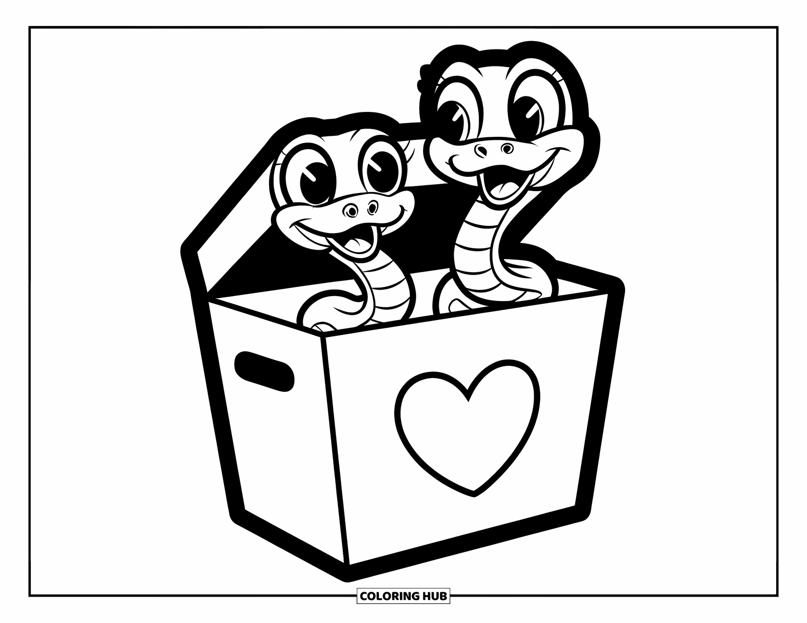 Dibujo de serpiente para colorear para niños: Dos lindas serpientes asoman desde una caja de juguetes con un corazón en el frente