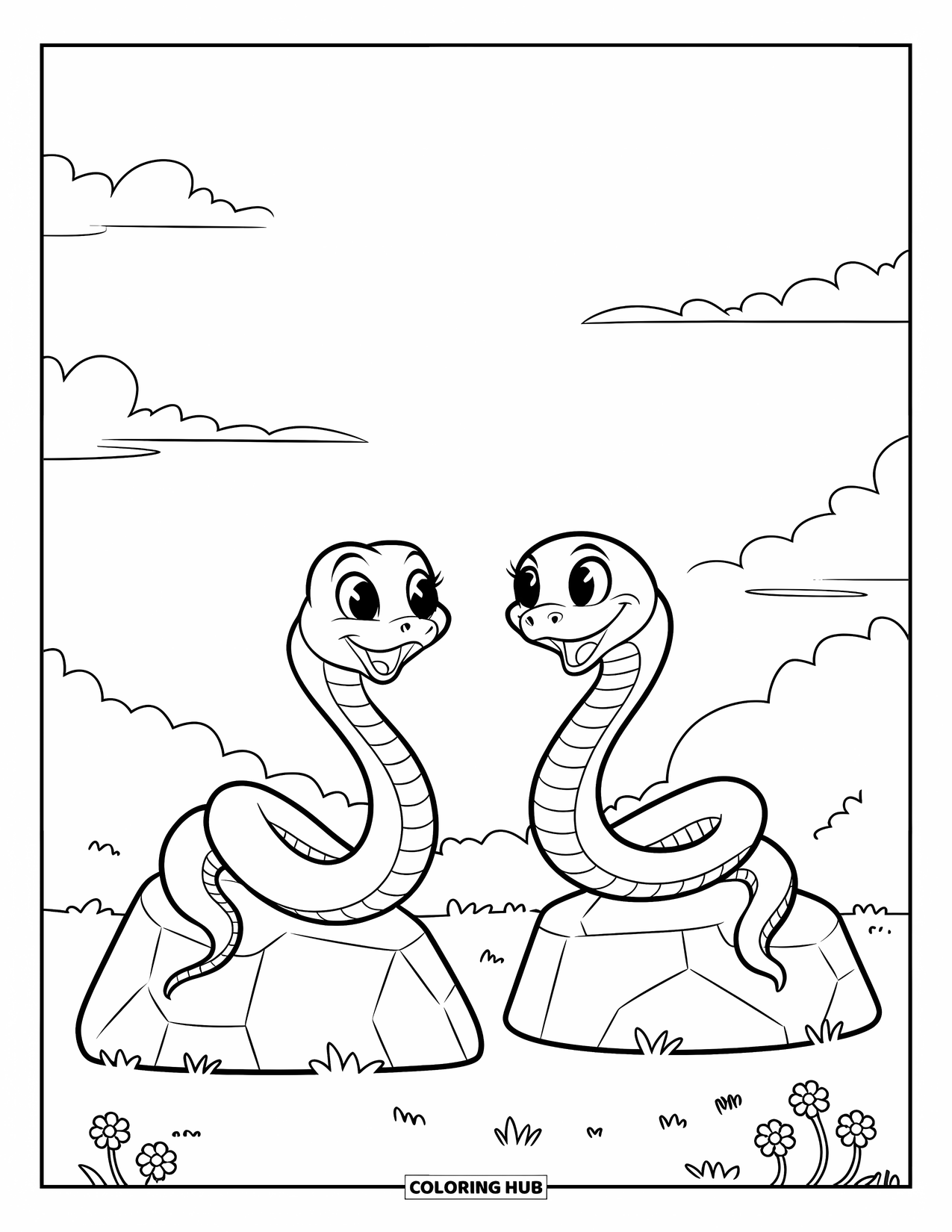 Dibujo de serpiente para colorear para niños: Dos lindas serpientes se sonríen desde rocas separadas en una zona cubierta de hierba