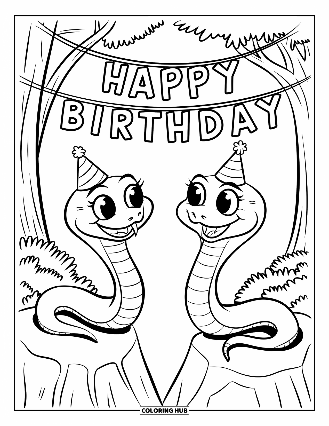 Dibujo de serpiente para colorear para niños: Dos serpientes con sombreros de fiesta se sonríen debajo de una pancarta de 'Feliz Cumpleaños' en el bosque
