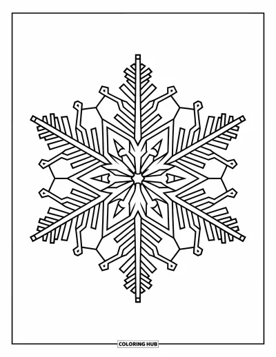 Fargeleggingsark med snøfnugg for voksne: Et detaljert snøfnugg-mandala danner et kraftig sirkulært mønster mot hvit bakgrunn