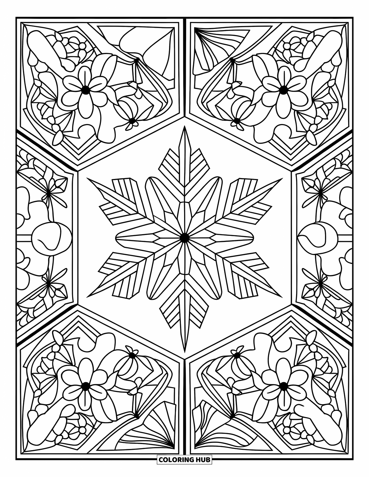 Snowflake Coloring Page for Adults: A snowflake in the middle is framed by floral and geometric patterned tiles