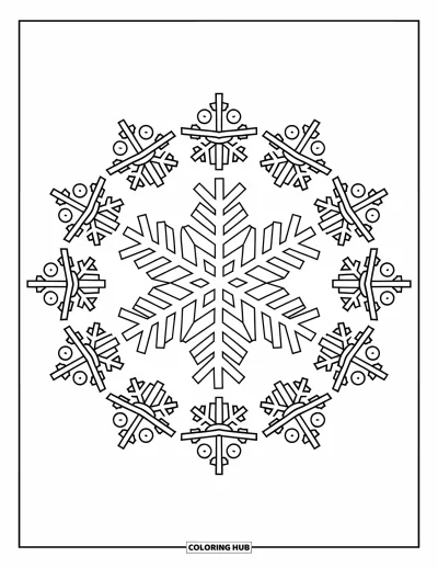 Fargeleggingsark med snøfnugg for voksne: Et snøfnugg-mandala er omringet av unike snøfnugg i en sirkulær layout
