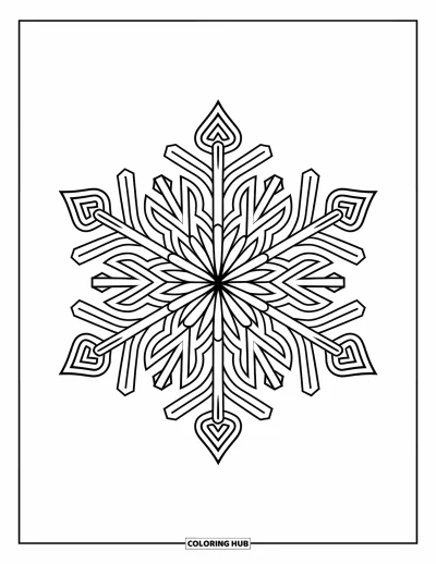 Fargeleggingsark med snøfnugg for voksne: Et snøfnuggformet mandala med forseggjorte linjer fyller siden i et rent design