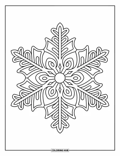 Fargeleggingsark med snøfnugg for voksne: Et symmetrisk snøfnugg-mandala fylt med kraftige, avslappende vinterdetaljer