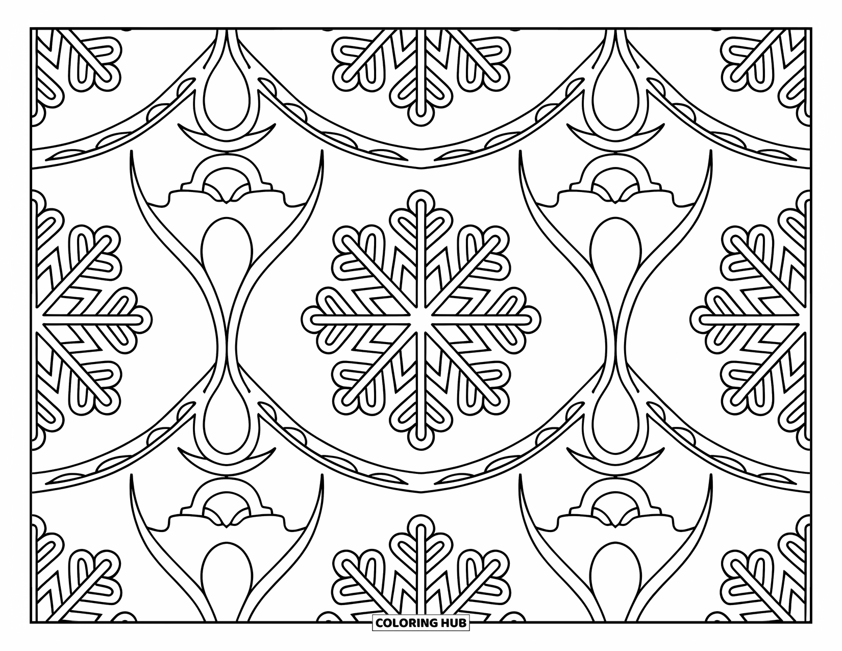 Snowflake Coloring Page for Adults: Intricate snowflakes and vines repeat in a bold, full-page winter pattern