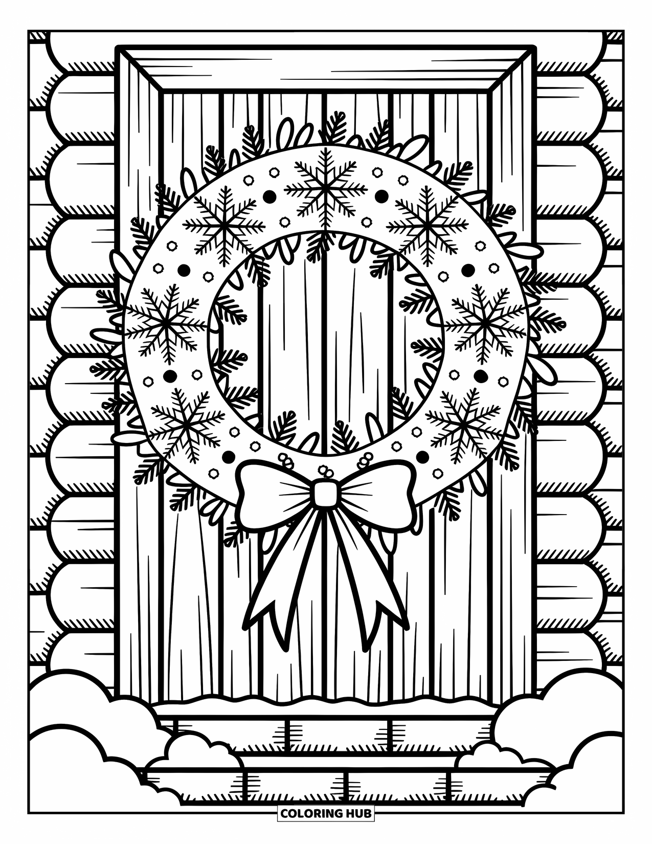 Snowflake Coloring Page for Adults: Snowflakes and pine form a wreath with a big bow on a cabin door