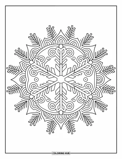 Fargeleggingsark med snøfnugg for voksne: Virvler og furudetaljer fyller et snøfnugg-mandala i et fredelig vinterdesign