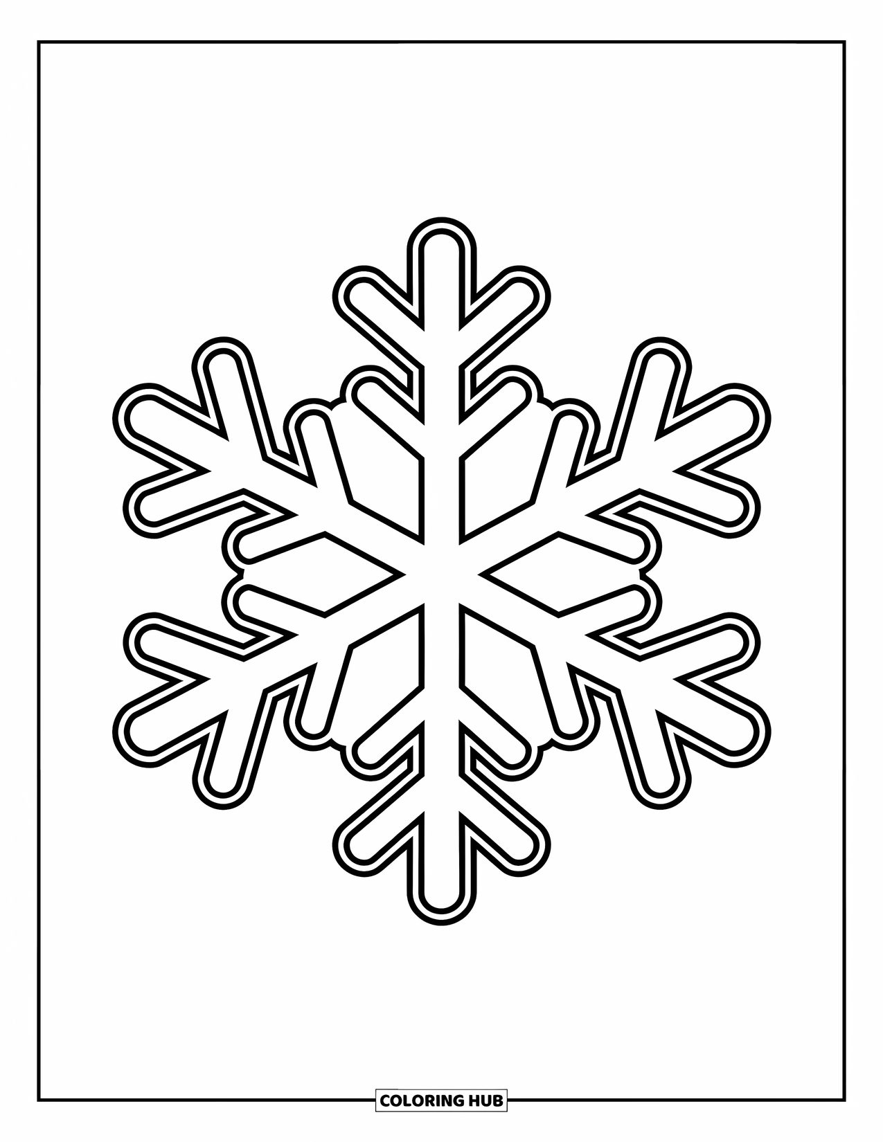Snowflake Coloring Page for Kids: A bold, six-point snowflake with big sections floats alone in the scene