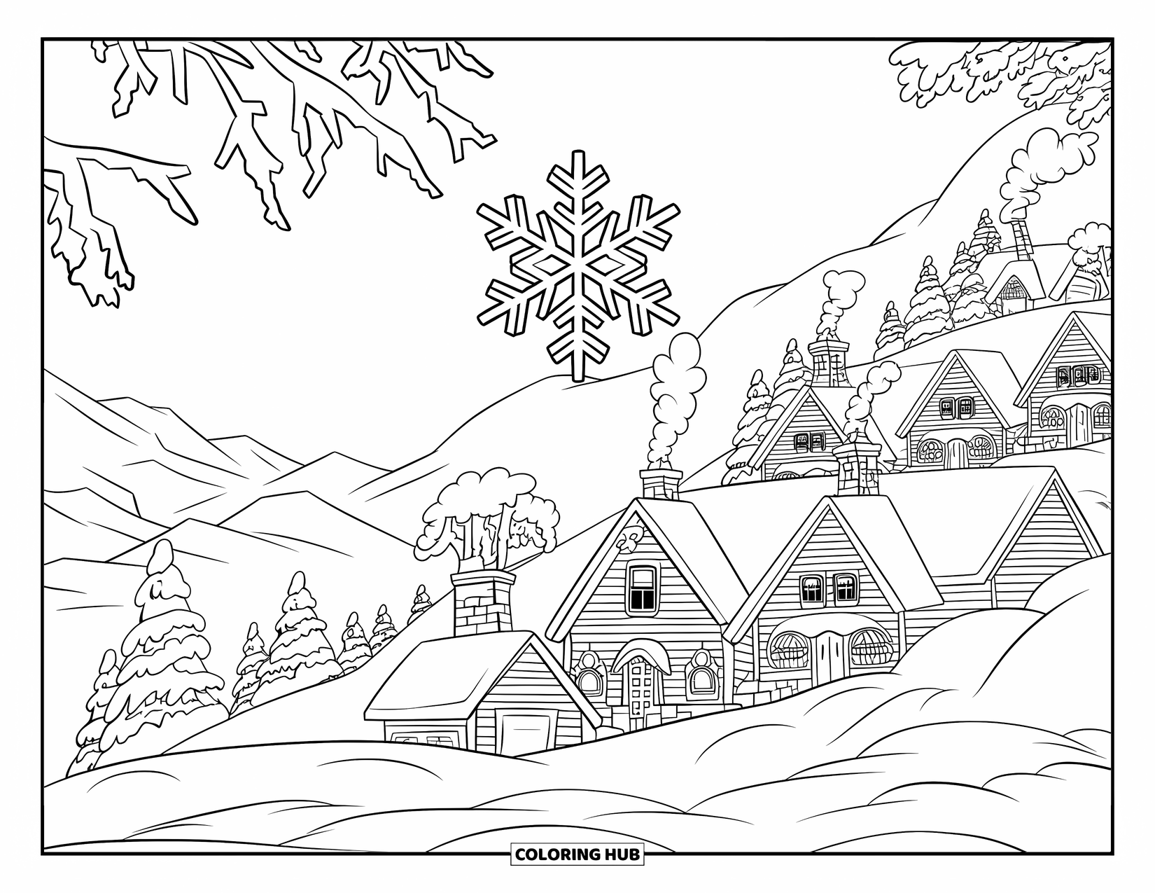 Snowflake Coloring Page for Kids: A snowflake drifts above snowy cottages with smoke curling from chimneys