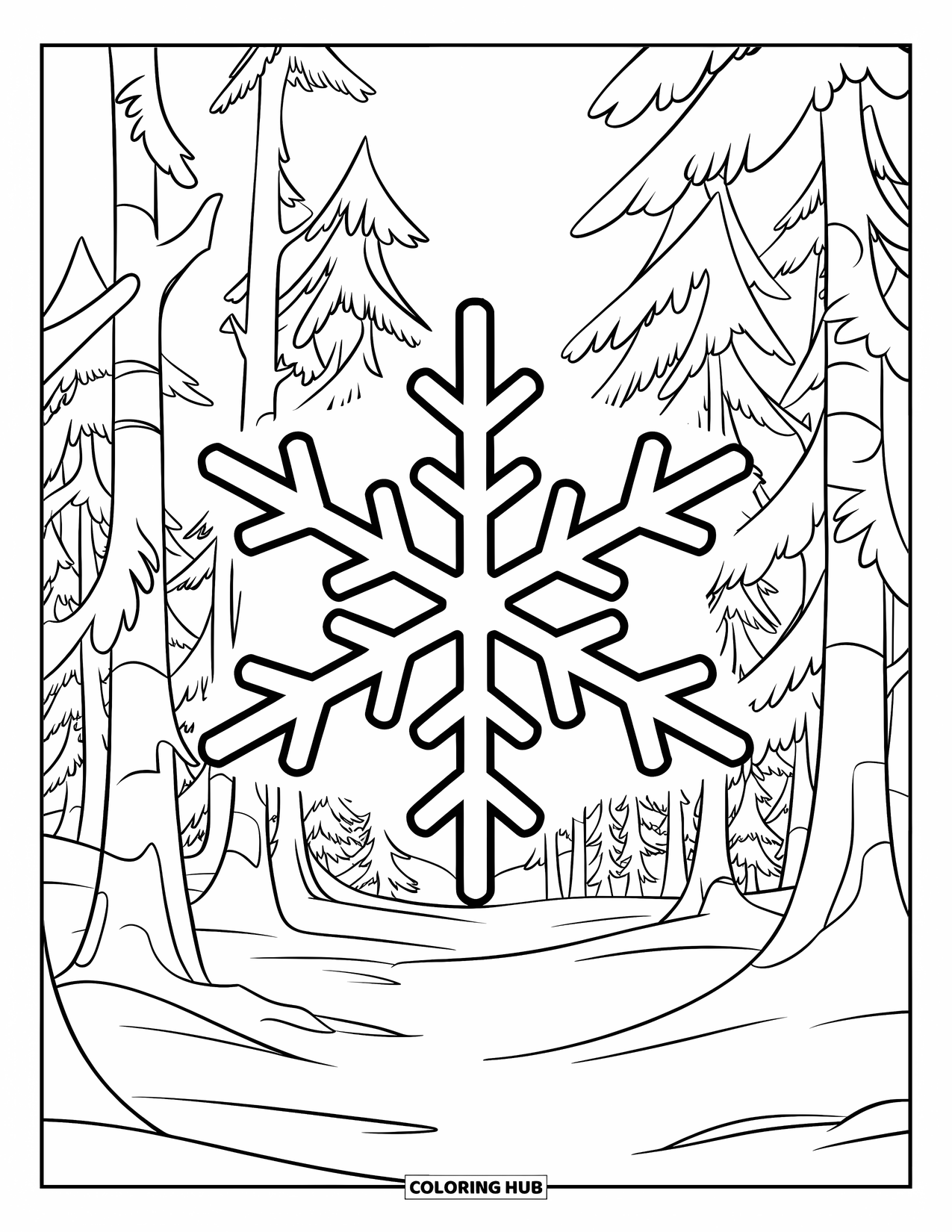 Snowflake Coloring Page for Kids: A snowflake drifts through dense trees with snowy trunks and quiet ground