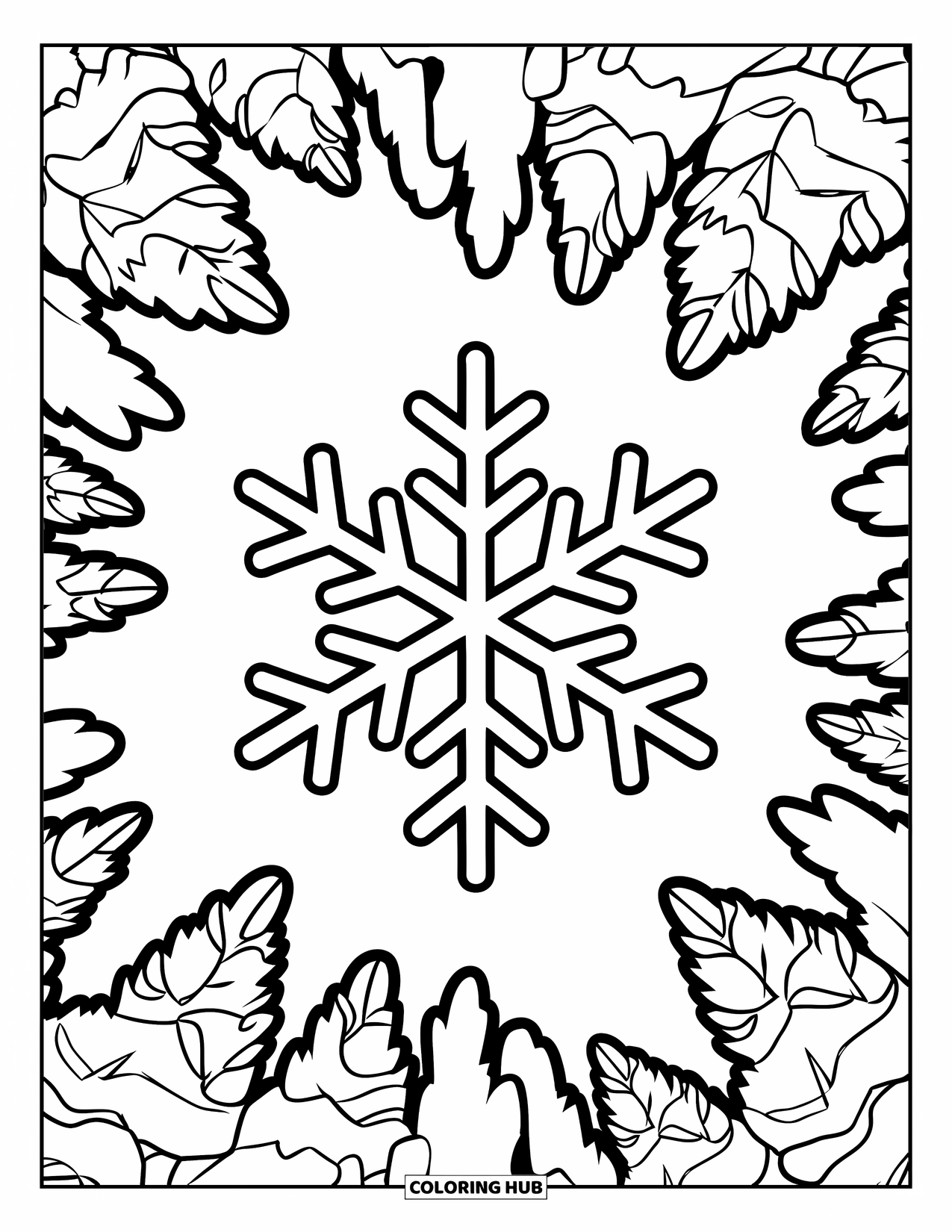Snowflake Coloring Page for Kids: A snowflake floats through tall snowy trees in a symmetrical forest
