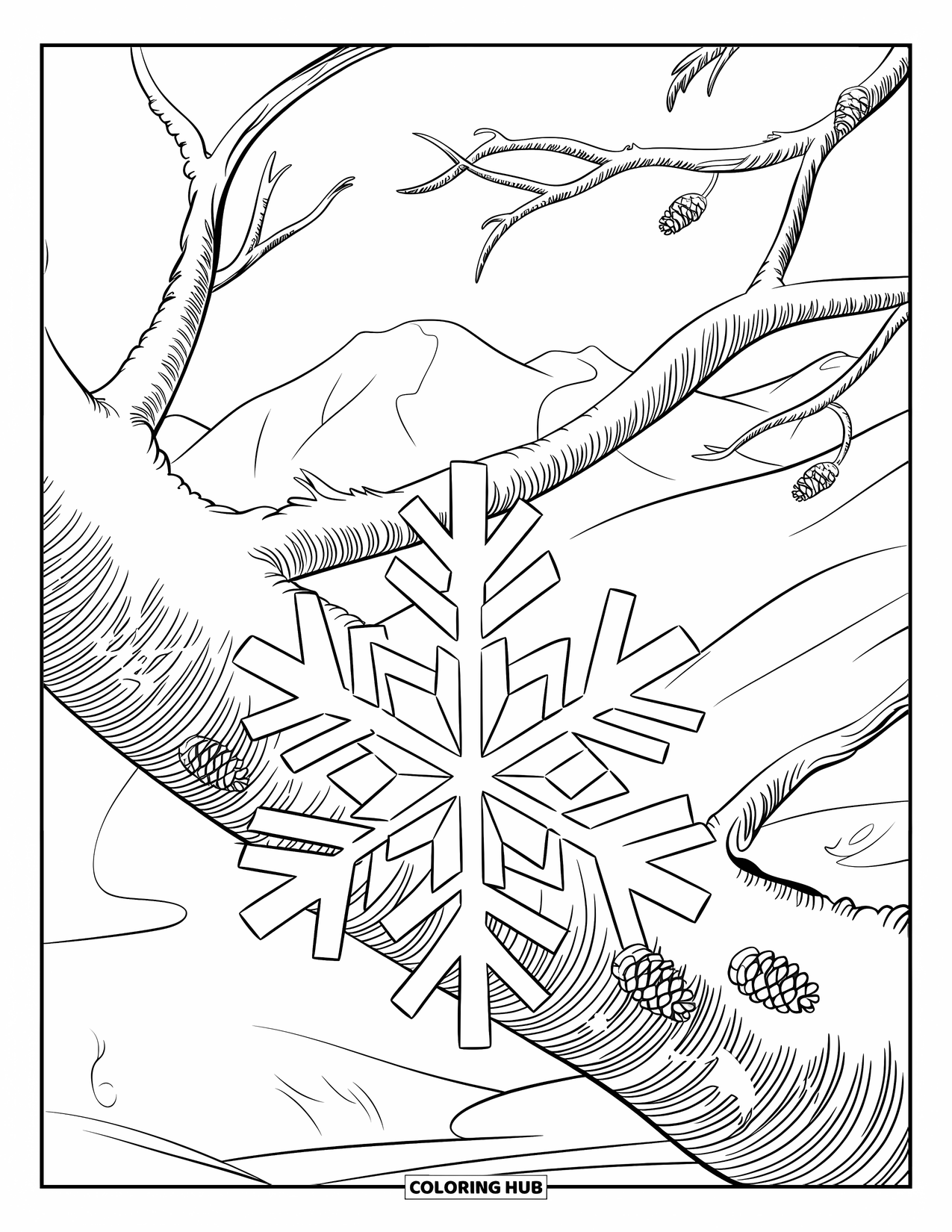 Snowflake Coloring Page for Kids: A snowflake rests gently on a tree branch with pinecones and snowy leaves