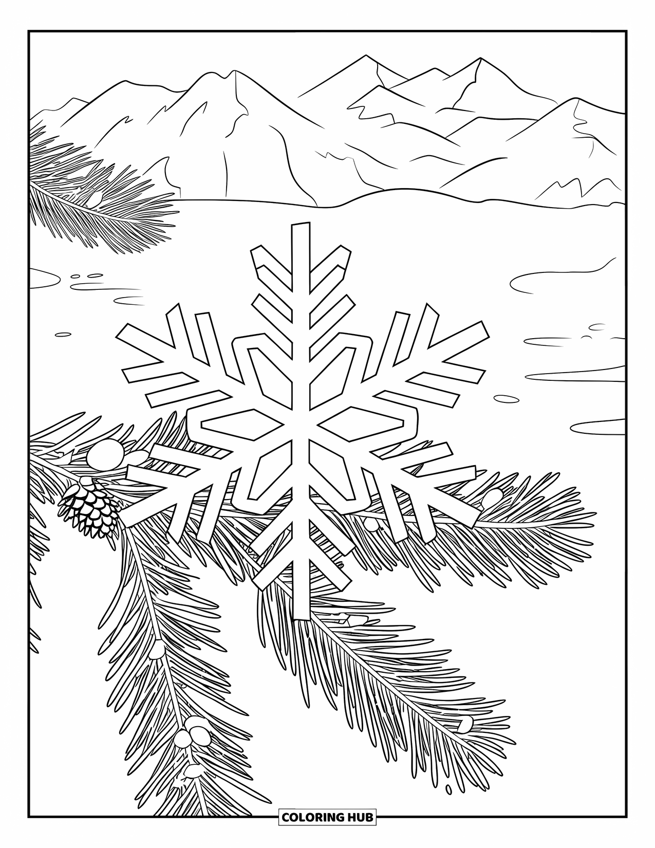 Snowflake Coloring Page for Kids: A snowflake rests on a frosty branch in front of snowy hills and trees