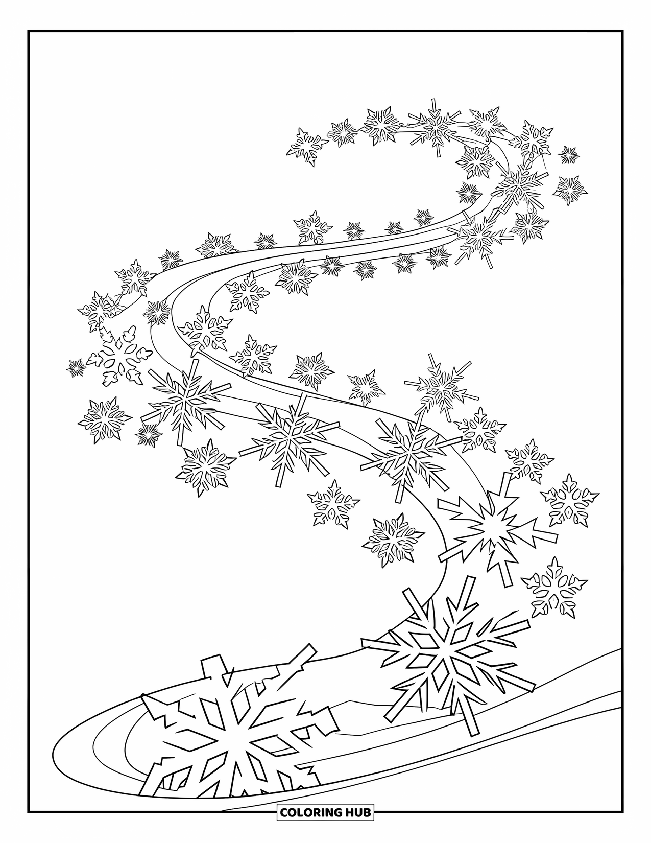 Snowflake Coloring Page for Kids: A swirling trail of snowflakes falls gently down a bold-lined mountain