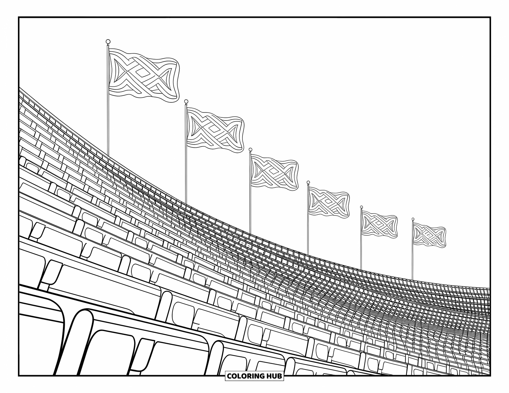 Desen de colorat cu fotbal pentru adulți: Un design îndrăzneț de stadion prezintă modele detaliate, steaguri fluturând și linii arhitecturale puternice peste tot