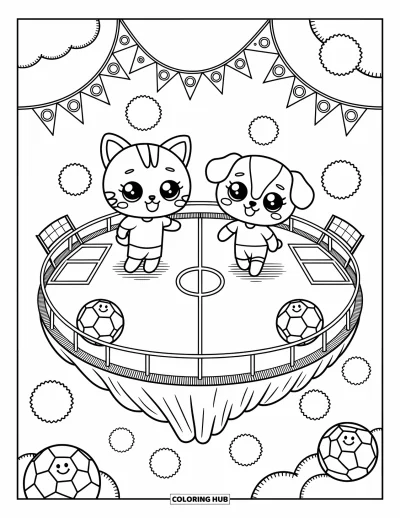 Coloriage de foot pour adultes : Un chat et un chien s’affrontent dans les nuages avec des bannières d’encouragement et des ballons joyeux