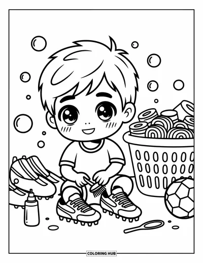 Coloriage de foot pour adultes : Un garçon chibi souriant nettoie soigneusement ses crampons, entouré de bulles et d’un équipement ordonné