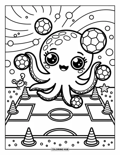 Coloriage de foot pour adultes : Une pieuvre joyeuse jongle avec des ballons de foot pendant que des cônes coquillages bordent la plage