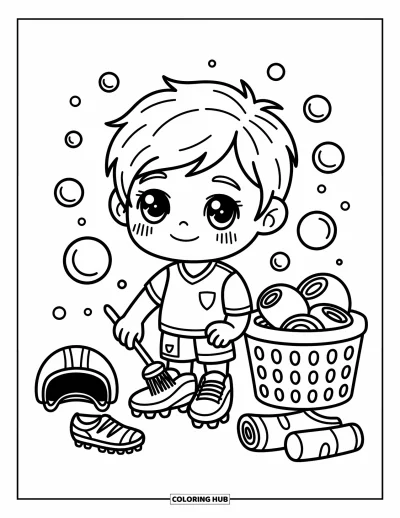 Coloriage de foot pour adultes : Un garçon chibi brosse ses crampons à côté de bulles, de chaussettes et d’un panier d’essentiels de foot