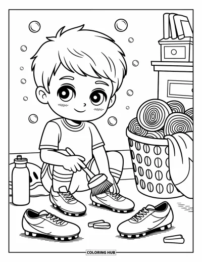 Coloriage de foot pour adultes : Un enfant chibi nettoie ses crampons avec une petite brosse près de bulles et d’un équipement bien rangé