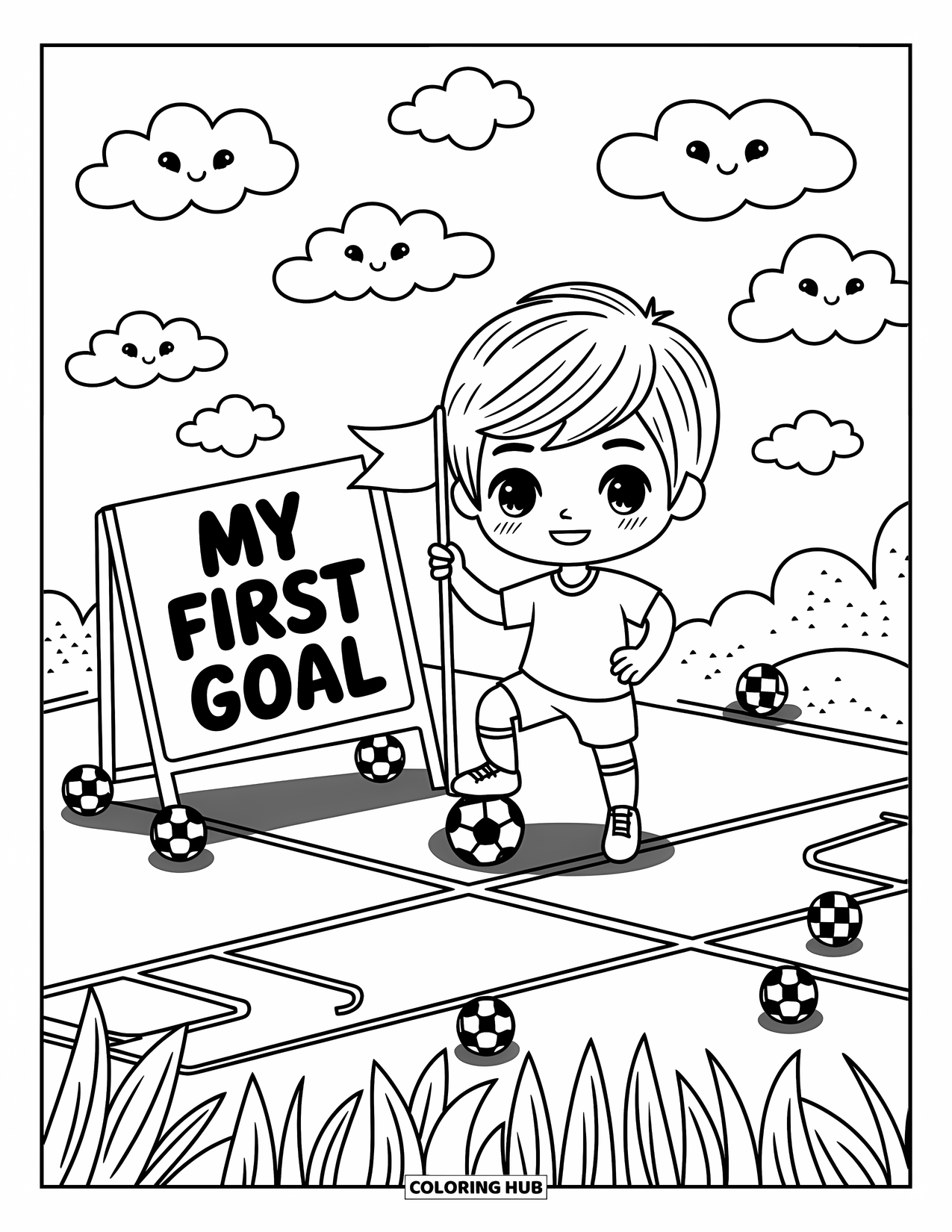 Desen de colorat cu fotbal pentru adulți: Un copil chibi pozează cu mândrie cu un steag lângă un semn cu „Primul meu gol”
