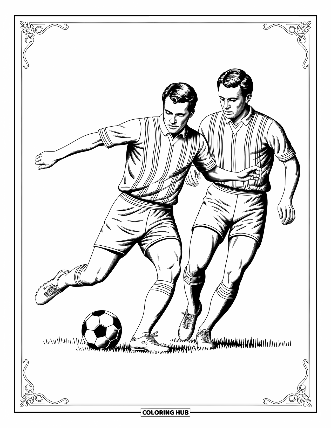Desen de colorat cu fotbal pentru adulți: O scenă clasică de fotbal cu minge de piele, uniforme vintage și accente detaliate de stadion peste tot