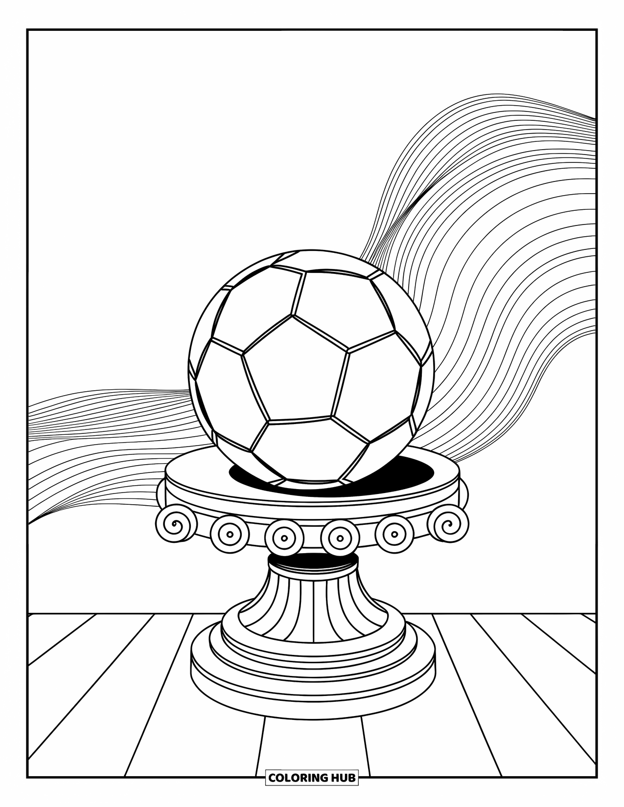 Desen de colorat cu fotbal pentru adulți: O minge de fotbal detaliată pe un piedestal radiază modele elegante într-un design calm și îndrăzneț