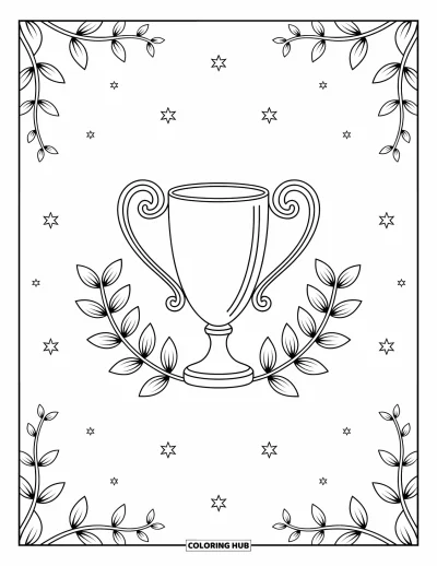 Coloriage de foot pour adultes : Un trophée détaillé avec volutes brille près de feuilles de laurier et d’étoiles dans un design décoratif