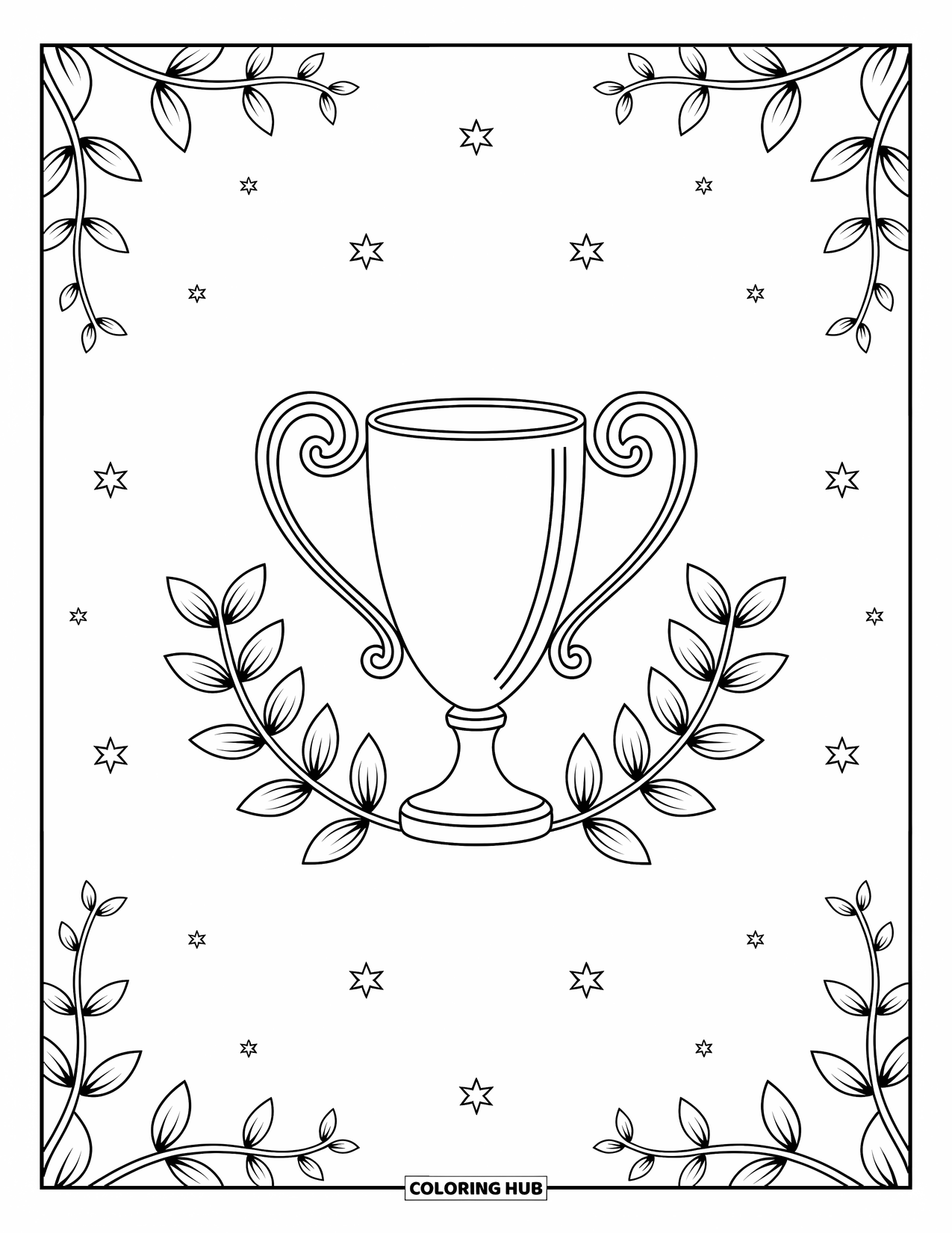 Desen de colorat cu fotbal pentru adulți: Un trofeu detaliat cu filigran strălucește lângă frunze de laur și stele într-un design decorativ