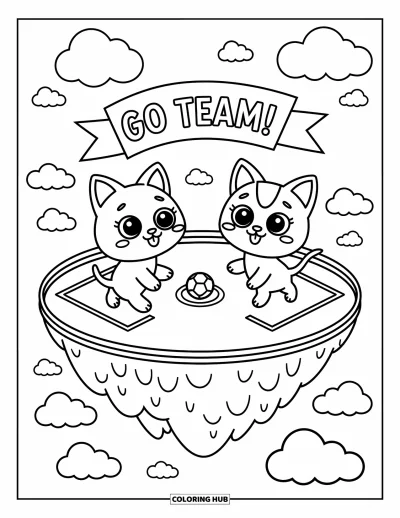 Coloriage de foot pour adultes : Une île flottante accueille un match amical chat-chien avec des nuages et des bannières 