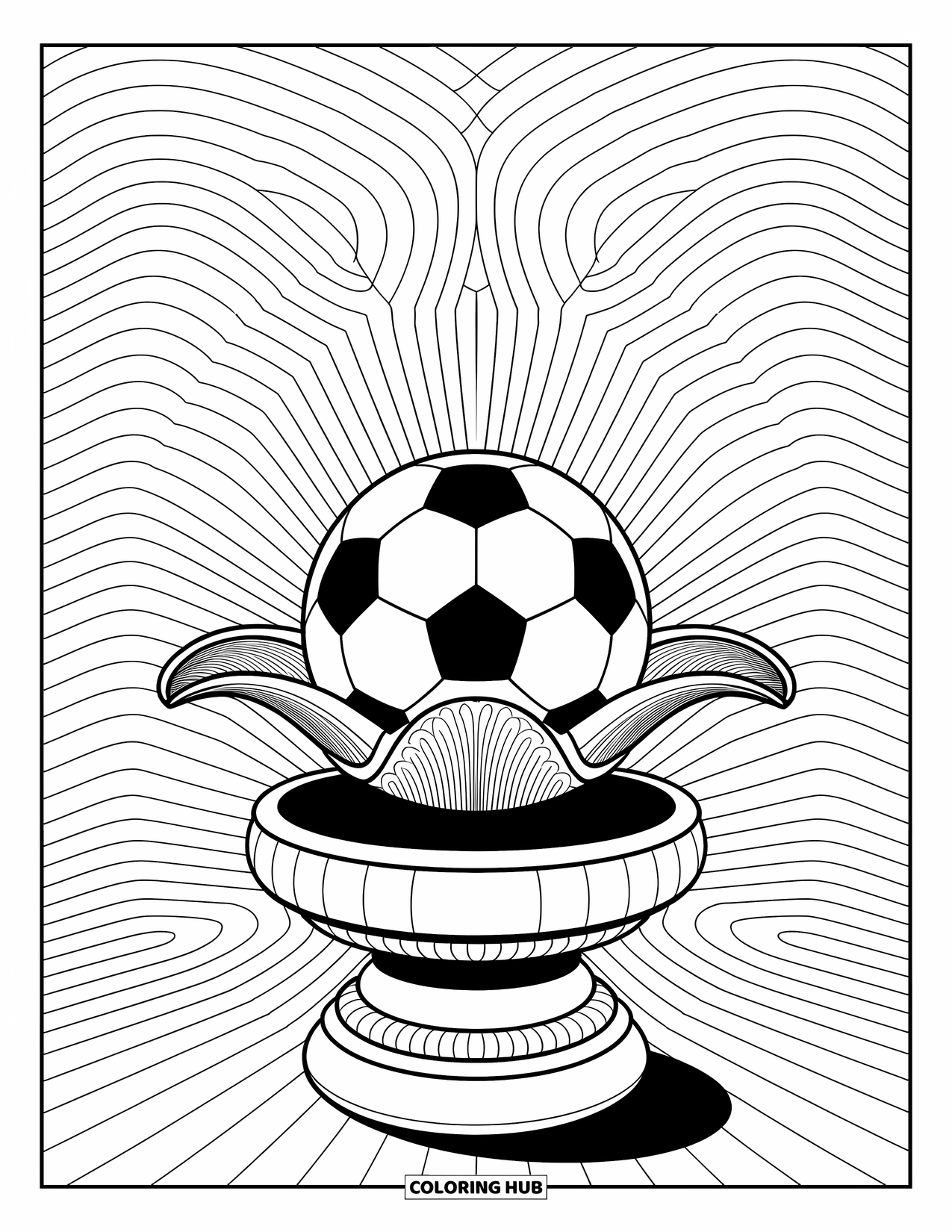 Desen de colorat cu fotbal pentru adulți: O minge de fotbal grațioasă se află deasupra unui piedestal, înconjurată de modele decorative liniștitoare, asemănătoare valurilor