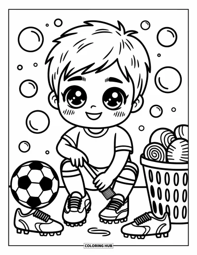 Coloriage de foot pour adultes : Un garçon chibi heureux nettoie ses chaussures avec des bulles flottantes et son équipement à proximité
