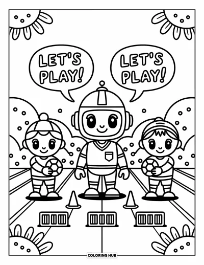 Coloriage de foot pour adultes : Un robot kawaii se prépare à siffler pendant que des joueurs amicaux attendent près des tableaux de score