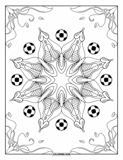 Coloriage de foot pour adultes : Un mandala de ballons, crampons, filets et sifflets forme un design audacieux et symétrique