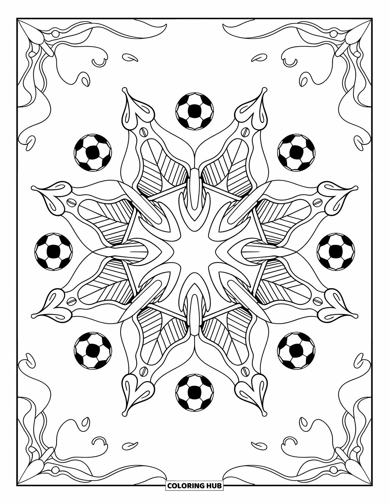 Desen de colorat cu fotbal pentru adulți: O mandala de mingi de fotbal, ghete, plase și fluiere formează un design îndrăzneț, simetric
