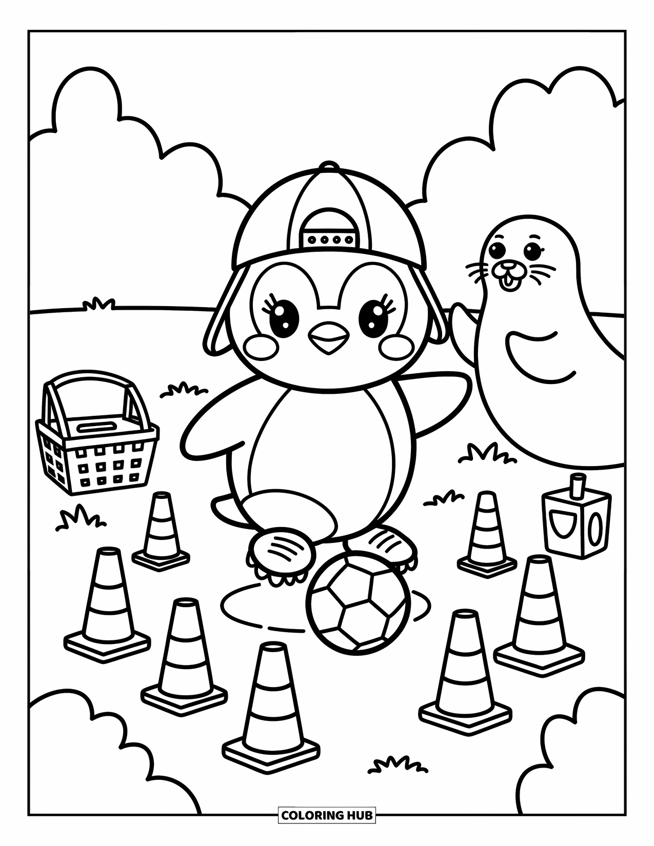Desen de colorat cu fotbal pentru adulți: Un pinguin exersează exerciții în ghete în timp ce o focă aplaudă lângă o amenajare de picnic