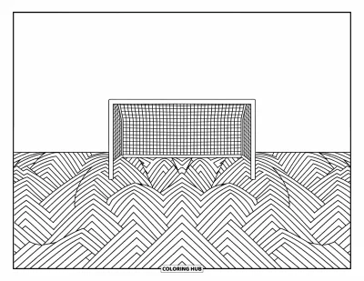 Coloriage de foot pour adultes : Un but de foot tranquille apparaît au loin, au milieu d’herbes à motifs et de riches détails d’arrière-plan