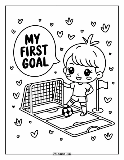 Coloriage de foot pour adultes : Un enfant souriant pose près d’un panneau de but, drapeau en main, prêt à fêter