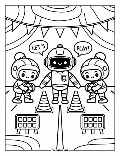 Coloriage de foot pour adultes : Un robot arbitre souriant se tient avec des joueurs près de tableaux de score et de bulles 